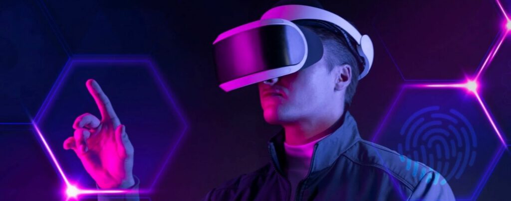 a man with a virtual reality headset on pointing at a hexagon